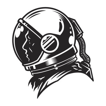 Vintage monochrome cosmonaut profile view template
