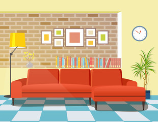 Living room with big sofa. Loft interior. Vector flat style illustration