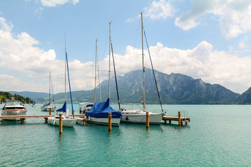 Jetty in Unterach at lake Attersee in austrian alps near Salzburg, Austria Europe