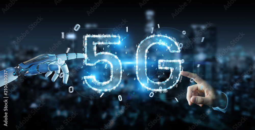 Poster white cyborg hand using 5g network digital hologram 3d rendering