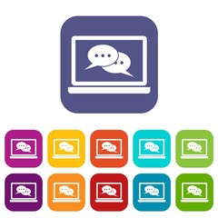 Speech bubbles on laptop screen icons set vector illustration in flat style in colors red, blue, green, and other