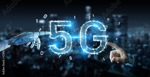 White cyborg hand using 5G network digital hologram 3D rendering
