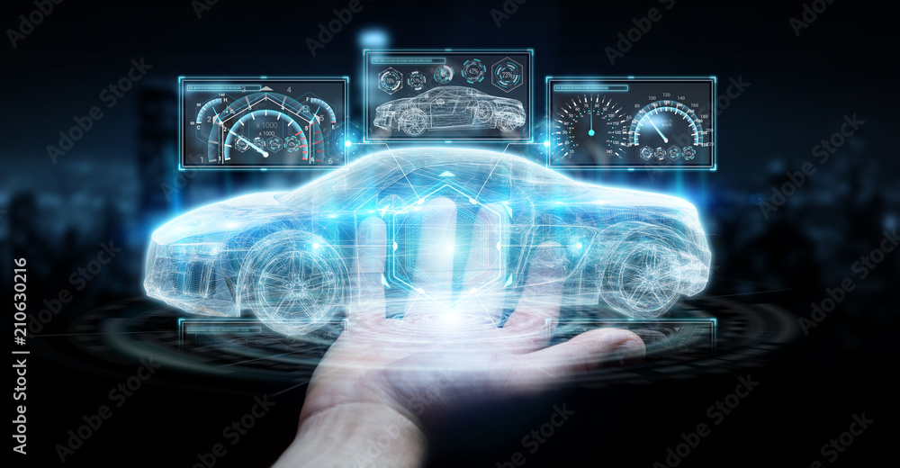 Poster businessman using modern smart car interface 3d rendering