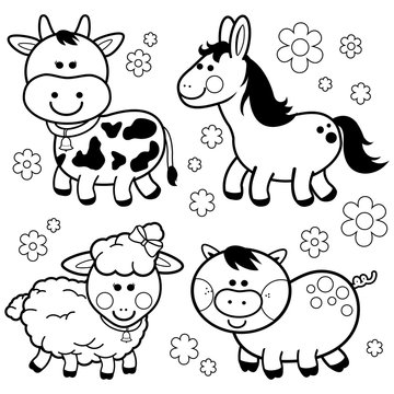 Collection of farm animals. Vector black and white coloring page.	