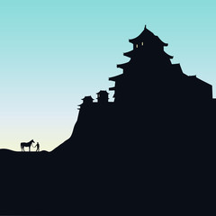 Obraz premium Simple Japanese castle in silhouette with horse and rider. Vector illustration.