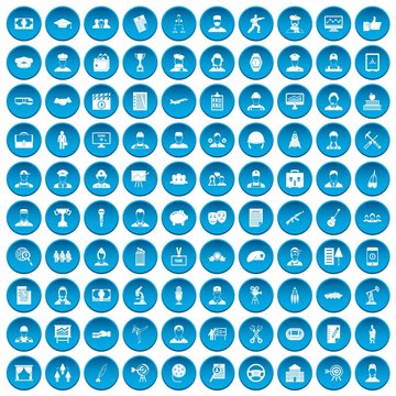100 career icons set in blue circle isolated on white vector illustration