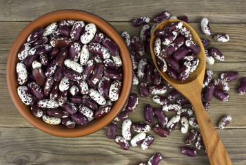 Haricot beans in bowl on wooden background  with wooden spoon