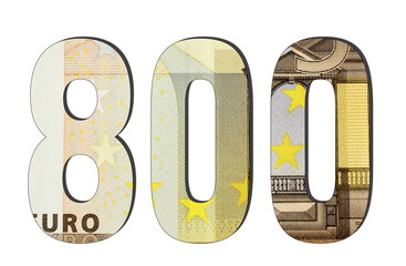 800 3d Number. Euro banknotes. Money texture. Isolated on white background. Currencie of the...