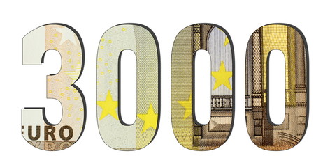 3000 3d Number. Euro banknotes. Money texture. Isolated on white background. Currencie of the...