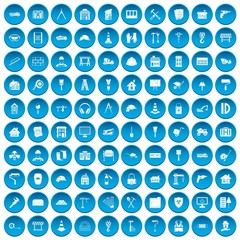 100 construction icons set in blue circle isolated on white vector illustration