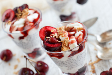 Cherry and yogurt chia pudding parfait