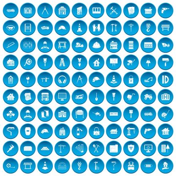 100 construction icons set in blue circle isolated on white vector illustration