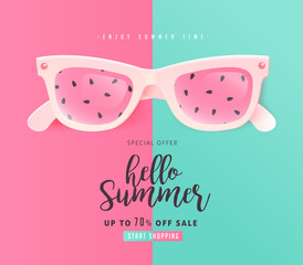 Summer sale bright Color background layout banners .Watermelon sunglasses concept.voucher discount.Vector illustration template.