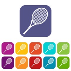 Tennis racket icons set vector illustration in flat style in colors red, blue, green, and other