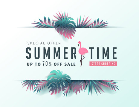 Summer sale background layout banners decorate with paper art tropical leaf vibrant bold gradient holographic .voucher discount.Vector illustration template.