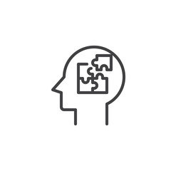 Puzzle in head outline icon. linear style sign for mobile concept and web design. Solution simple line vector icon. Symbol, logo illustration. Pixel perfect vector graphics