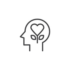 Heart flower in human head outline icon. linear style sign for mobile concept and web design. Emotions simple line vector icon. Love symbol, logo illustration. Pixel perfect vector graphics