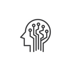 Human head with circuit board outline icon. linear style sign for mobile concept and web design. Neurology line vector icon. Artificial intelligence symbol, logo illustration. Vector graphics