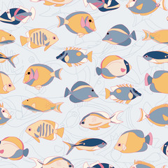 Seamless vector pattern with tropical marine fish. Multicolored, summer fish. pastel colors