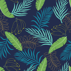Fototapeta na wymiar Tropical background with palm leaves and bananas. Seamless floral pattern. Summer vector illustration