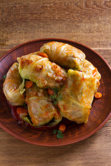 Cabbage rolls with meat, rice and vegetables. Stuffed cabbage leaves with meat. Chou farci, dolma, sarma, golubtsy or golabki