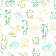 Seamless pattern with cacti and succulents