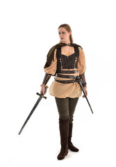 full length portrait of girl wearing brown medieval costume,. standing pose, isolated on white studio background.