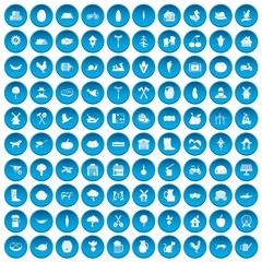 100 farm icons set in blue circle isolated on white vector illustration