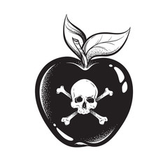 Poison apple line art and dot work hand drawn vector illustration. Boho style sticker, patch, print or blackwork flash tattoo design.