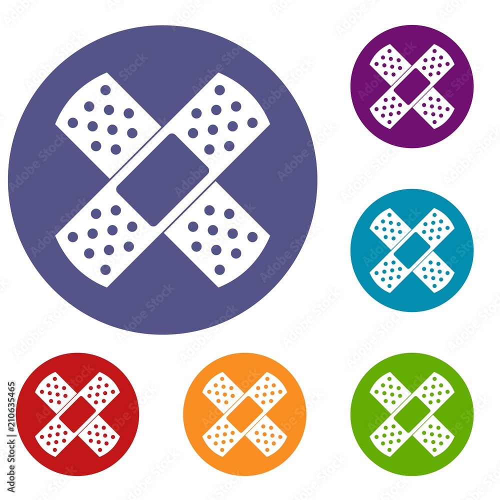 Poster patch icons set in flat circle red, blue and green color for web