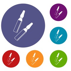 Iodine sticks icons set in flat circle red, blue and green color for web