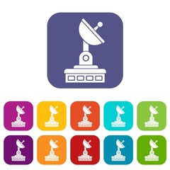 Satellite dish icons set vector illustration in flat style in colors red, blue, green, and other