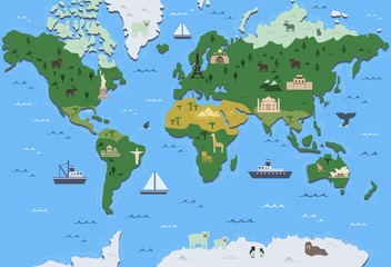 Stylized world map with tourist attraction symbols. Simple geographical map. Flat vector illustration.