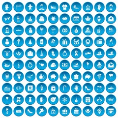 100 gift icons set in blue circle isolated on white vector illustration