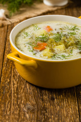 Traditional cucumber soup with pickled cucumbers.