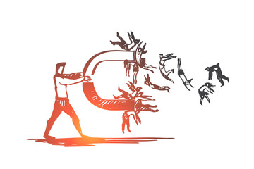 Businessman, people, magnet, crowd concept. Hand drawn isolated vector.