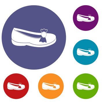 Shoe icons set in flat circle red, blue and green color for web