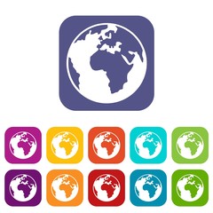 Earth globe icons set vector illustration in flat style in colors red, blue, green, and other