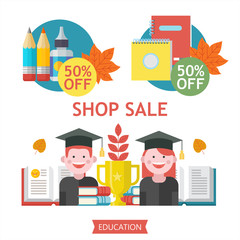 School sale. Seasonal sale of school supplies. Vector illustration.