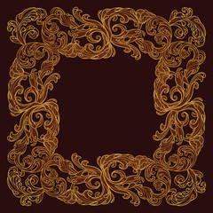 Acanthus plant leaves arranged in intricate square frame. Popular decorative motif in antiquity and baroque art. Tattoo design. Luxury golden linear drawing on a dark brown background. EPS10 vector
