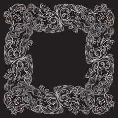 Acanthus plant leaves arranged in intricate square frame. Popular decorative motif in antiquity and baroque art. Tattoo design. White linear drawing on black background. EPS10 vector
