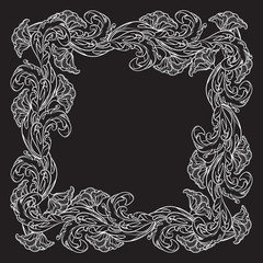Acanthus plant leaves arranged in intricate square frame. Popular decorative motif in antiquity and baroque art. Tattoo design. White linear drawing on black background. EPS10 vector