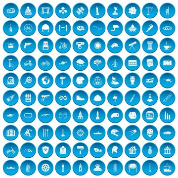 100 helmet icons set in blue circle isolated on white vector illustration