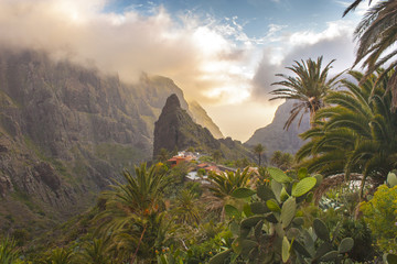 Stunning landscape mountain village in deep canyon with jungle forest on a paradise island. Beautiful golden hour sunrise sunset soft light. Travel photo, postcard. Masca, Tenerife, Canary Islands