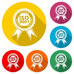 ISO 9001 certified sign icon, color icon with long shadow