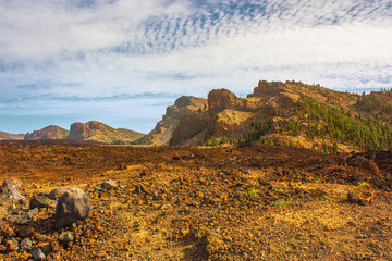 Teide National Park. Beautiful view of volcano mountain rocks desert crater and El Teide, the...
