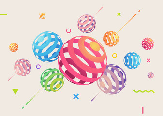 Abstract vector background with colorful pastel 3D style lines spheres on beige background. Modern geometric design. Futuristic poster flyer with ink splashes elements. Eps 10 vector illustration