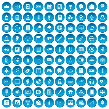 100 information icons set in blue circle isolated on white vector illustration