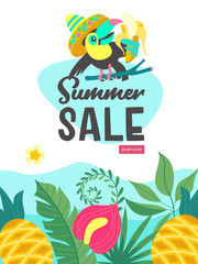 Summer sale. Bright colorful advertising poster. Cheerful Toucan, tropical leaves and fruit. Illustration in cartoon style.