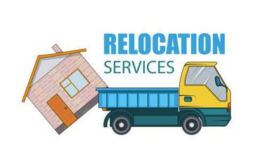 Relocation service. Moving concept. Cargo Truck is transporting. Delivery freight truck illustration. Transport company for relocation and moving. Vector graphics to design.